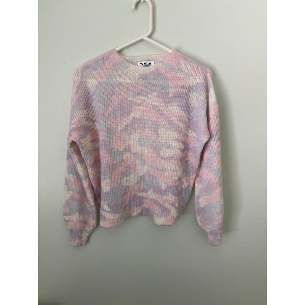Girly Preppy Pastel Camouflage 100% Cashmere 27 Miles Malibu Crewneck Sweater - Picture 2 of 9